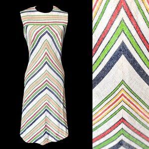 Vintage Chevron Dress Summer Midi Dress Sleeveless Color Stripe 60s 70s